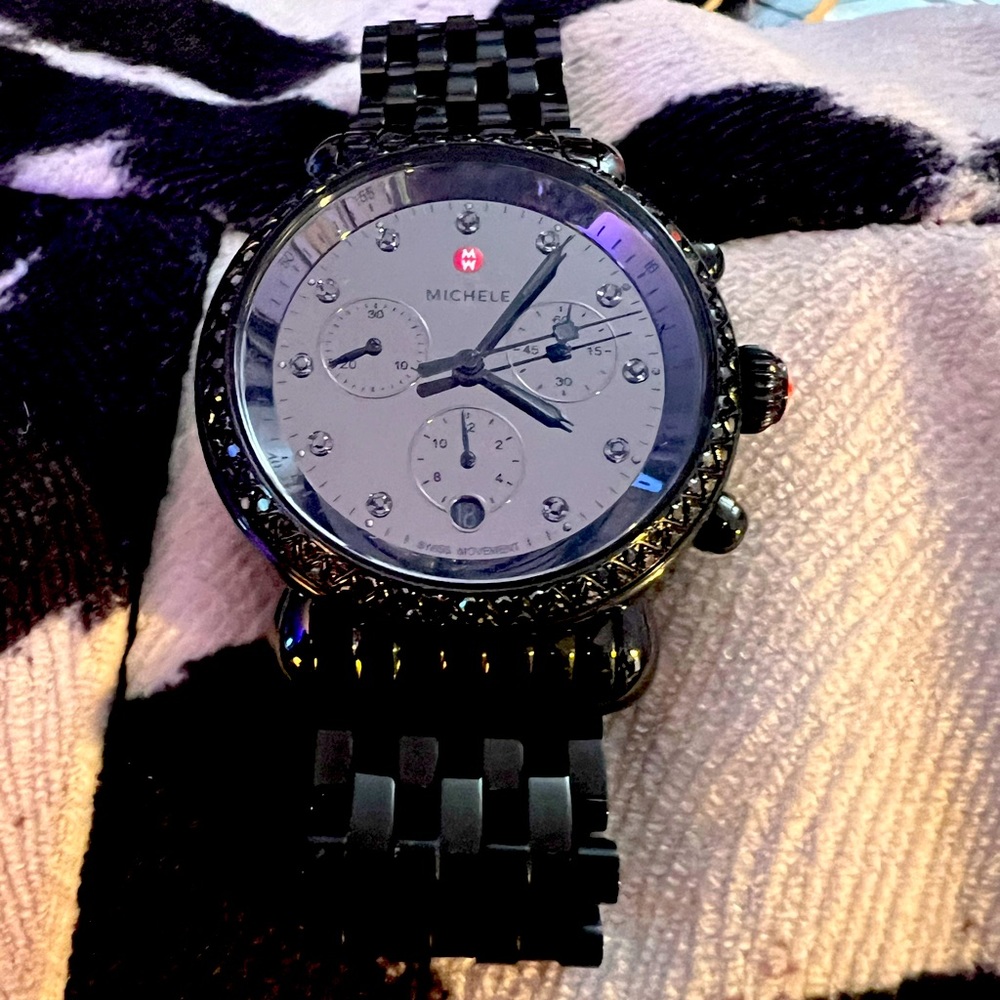 Authentic Michele CSX Signature Black Diamond Dial Black Steel Women's Watch